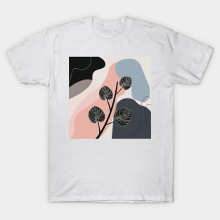 Abstract modern art black leaf branch with colored background, cute creative artwork T-Shirt